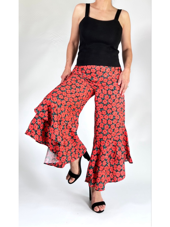 Anthropologie Pants - Anthropologie Womans Pants Red Floral Wide Leg Ruffke Pants Size 6 Viscose Cupro